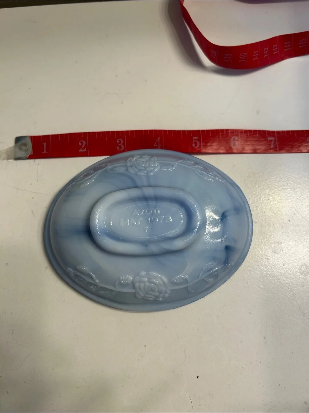 Vintage Avon Light Blue and White Marbled Glass Rose soap dish
